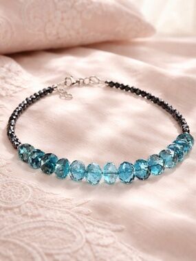 New Handmade 14k White Gold London Blue Topaz & Black Diamond Bracelet